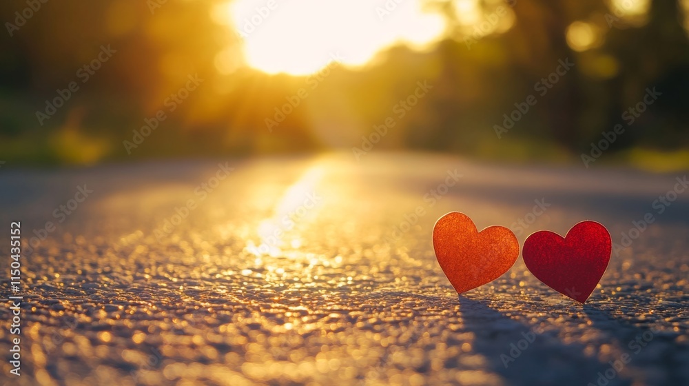 Fototapeta premium Two small paper hearts on a sunlit road, symbolizing love and connection during a peaceful afternoon, with copy space