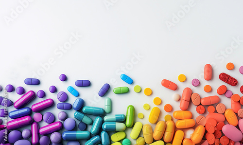 Colorful display of medicine pills and tablets in a pharmacy setting showcasing supplements and drugs for health and wellness photo