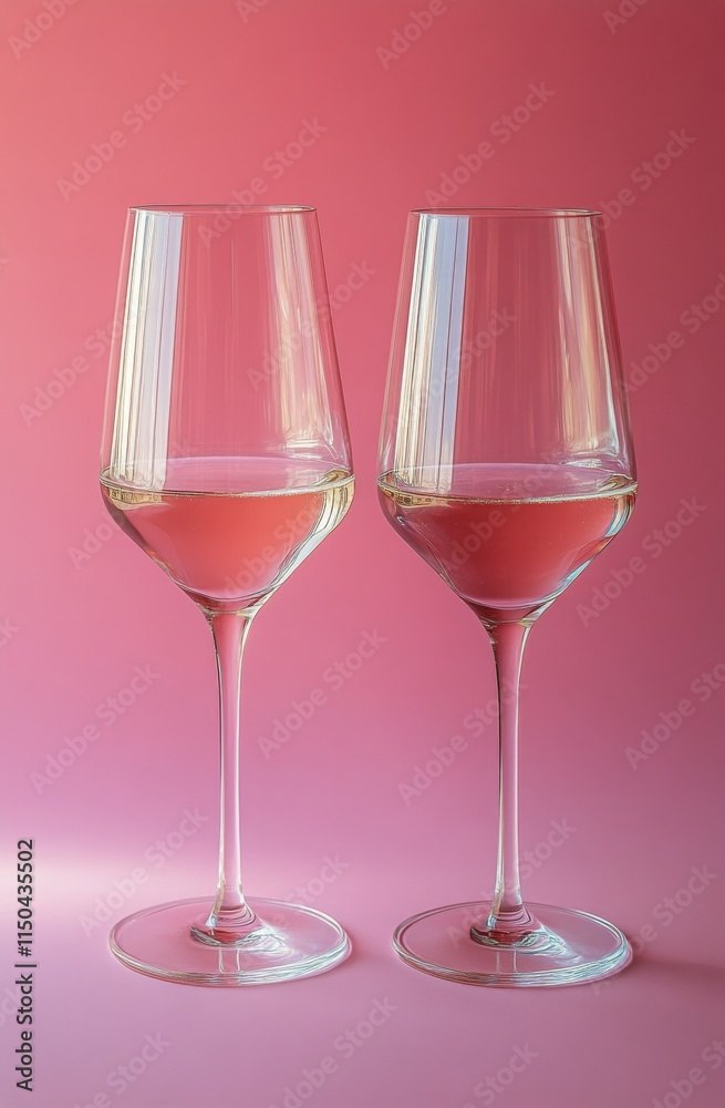 Elegant pink glasses filled with wine against a soft pink background in a minimalist setting Elegant pink glasses filled with wine against a soft pink background in a minimalist setting