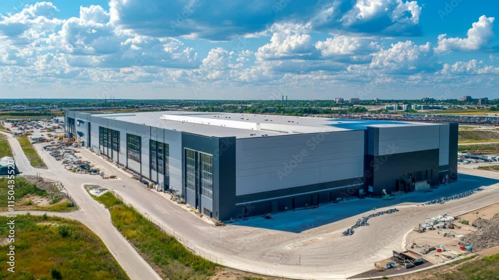 Aerial view of large industrial warehouse under construction on a sunny day