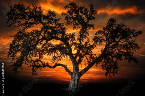 Majestic oak tree silhouetted against a vibrant, fiery sunset sky.