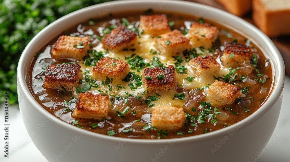 Creamy French onion soup in a bowl, topped with croutons and melted cheese. Creamy French onion soup in a bowl, topped with croutons and melted cheese.