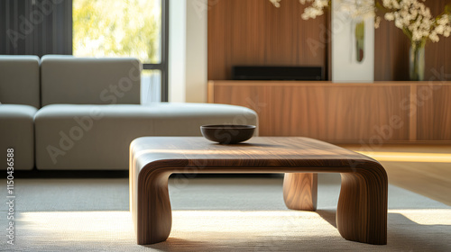 A slim walnut coffee table in a minimalist living room captured from a low frontal angle. photo