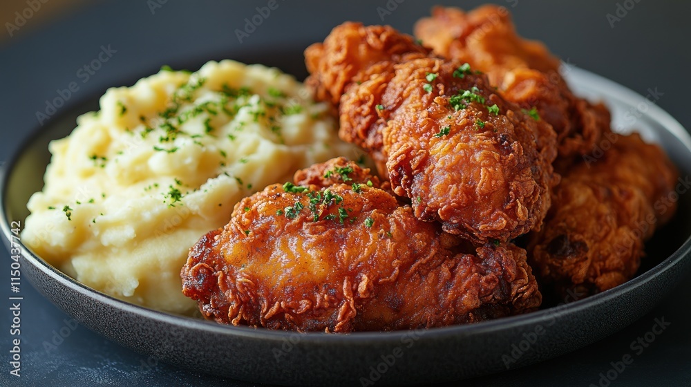 Crispy fried chicken tenders served with creamy mashed potatoes, garnished with fresh parsley. Crispy fried chicken tenders served with creamy mashed potatoes, garnished with fresh parsley.
