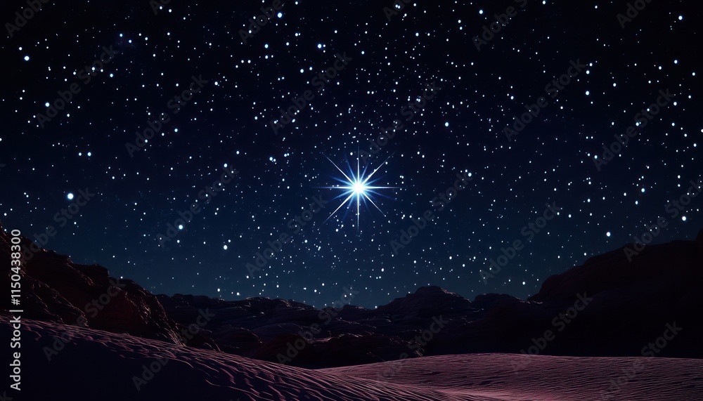 Fototapeta premium Bright Star Over Desolate Mountain Landscape At Night