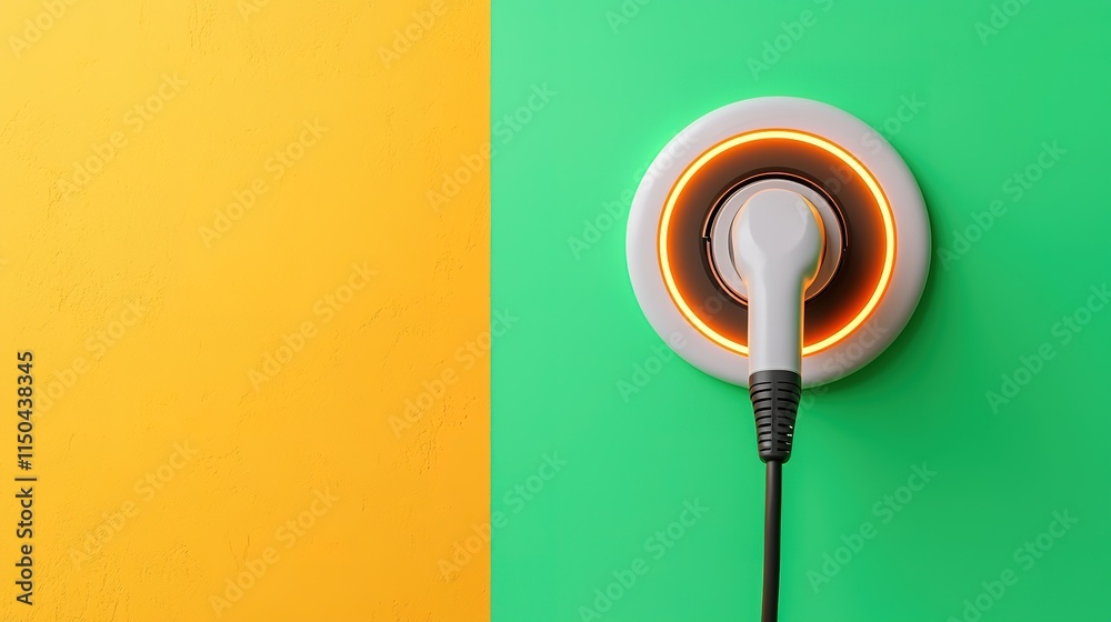 A charging station with a plug is positioned between vibrant orange and green walls, highlighting modern energy solutions. A charging station with a plug is positioned between vibrant orange and green walls, highlighting modern energy solutions.