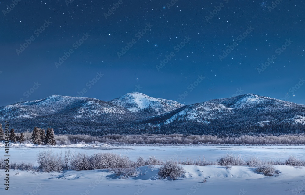 Obraz premium Night Sky Over Snowy Mountains and Frozen River