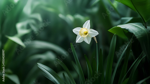 A solitary white daffodil with a pale yellow trumpet standing gracefully against a backdrop of green leaves. photo