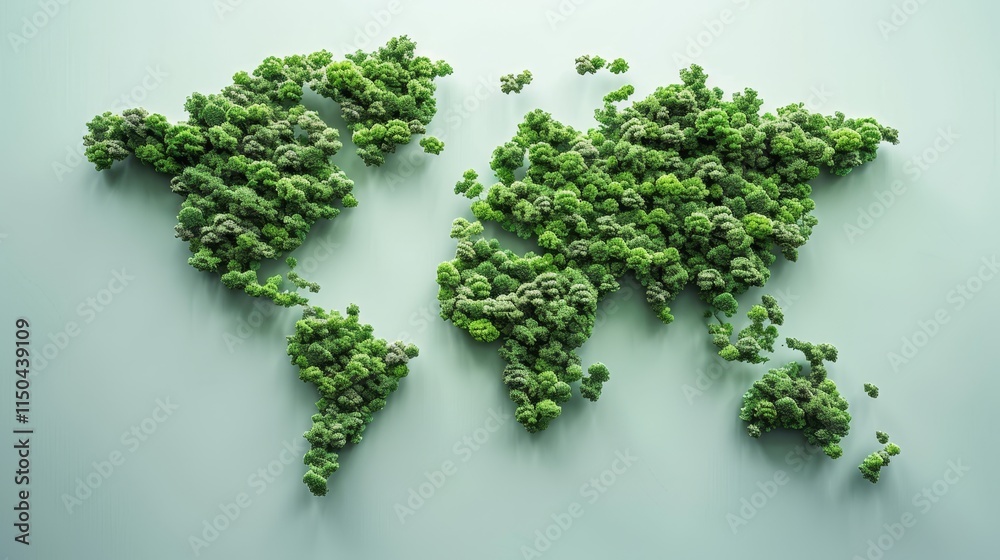 Realistic green world map made of trees symbolizing global sustainability and conservation Realistic green world map made of trees symbolizing global sustainability and conservation