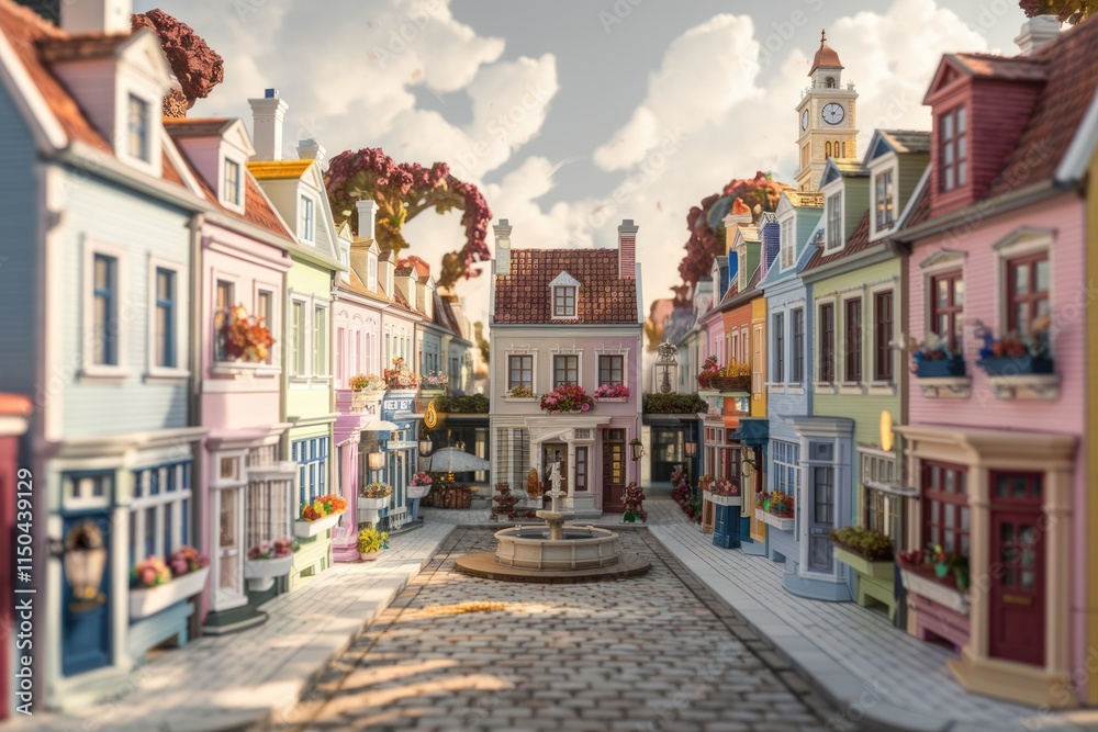 Fototapeta premium A charming miniature town square with pastel-colored buildings, a central fountain, and blooming flower boxes.