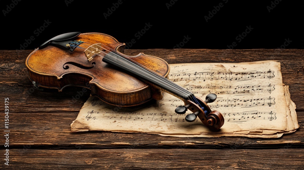 Fototapeta premium Antique violin on aged sheet music resting on weathered wooden table.