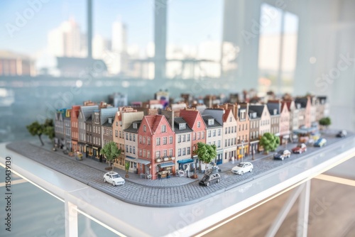Detailed miniature cityscape model showcasing a row of colorful buildings, streets, and tiny cars.