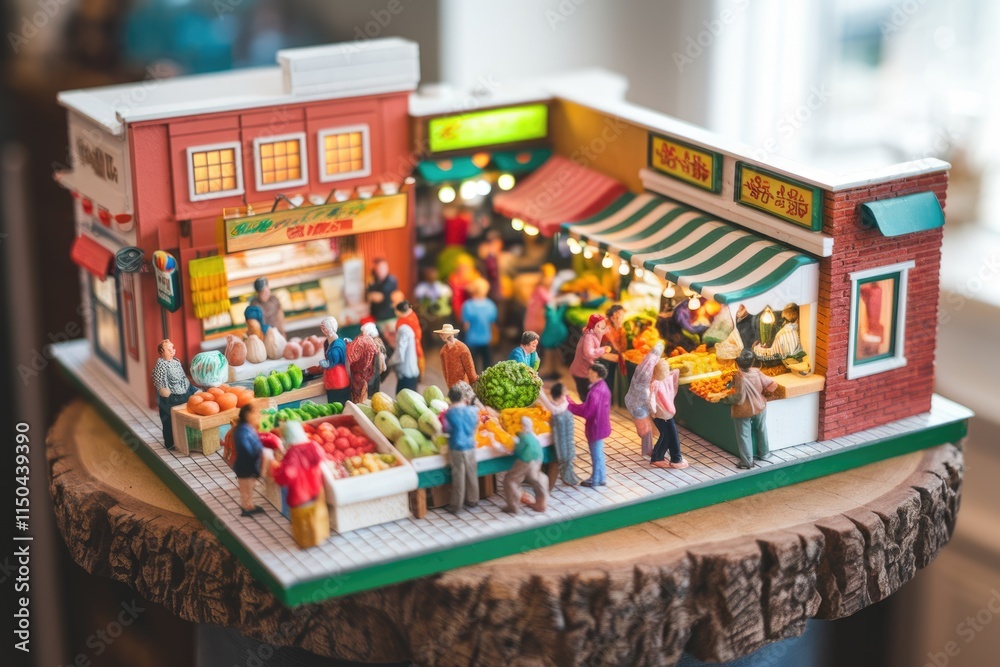 A miniature bustling marketplace showcasing vibrant produce and diverse shoppers. A miniature bustling marketplace showcasing vibrant produce and diverse shoppers.