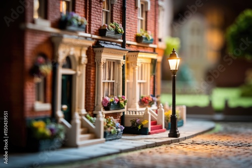 A charming miniature street scene with Victorian-style houses, illuminated by a lamppost, showcasing meticulous detailing and vibrant flower boxes. photo