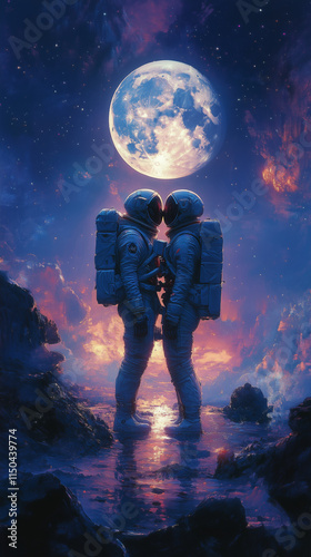 Astronauts Kiss Under a Full Moon.Cosmic Love Between Astronauts. Romantic Moment in Space