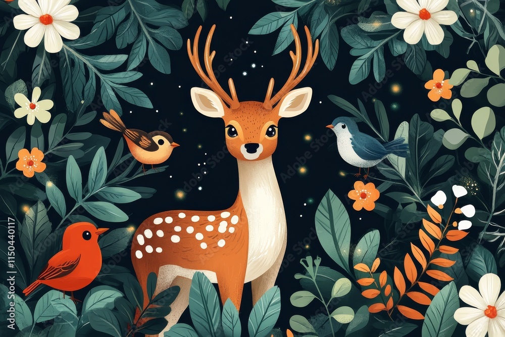 Colorful deer surrounded by singing birds in a lush floral setting Colorful deer surrounded by singing birds in a lush floral setting