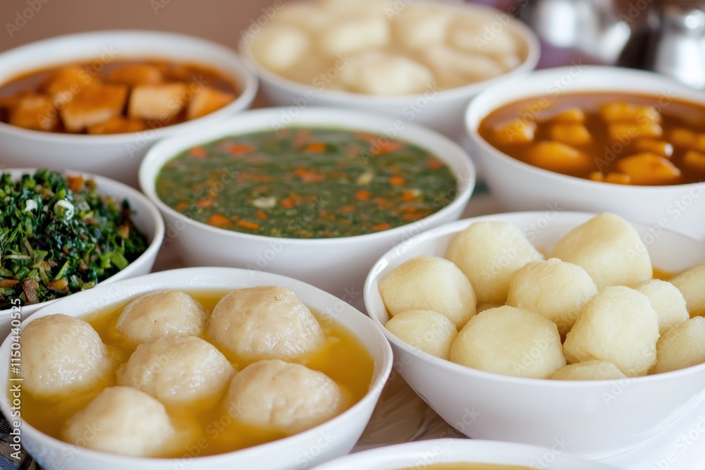 A Colorful Buffet Display of Fufu Bowls Surrounded by Various Delicious Soups, Captured in Warm Lighting with a Wide Angle Lens for a Celebratory Feel A Colorful Buffet Display of Fufu Bowls Surrounded by Various Delicious Soups, Captured in Warm Lighting with a Wide Angle Lens for a Celebratory Feel
