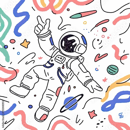 Astronaut Floating in Space,  A Whimsical Doodle Illustration with Abstract Background