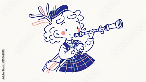 Child in Plaid Skirt Uses Telescope, Exploring the Cosmos with Curiosity and Wonder.  A Young Adventurer Gazes at Distant Stars.