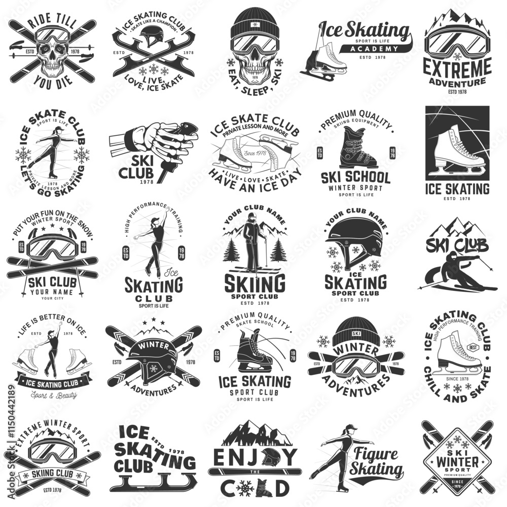 Fototapeta premium Set of ski and Ice Skate retro badge. Vector. Concept for shirt, print, seal or stamp with skate, skates blades, ski glasses, skull, skeleton hand holding ski pole. Winter sport.