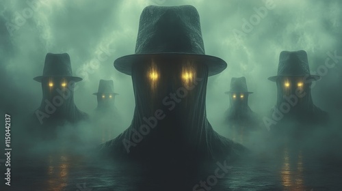 A group of creepy looking people with hats and glowing eyes photo