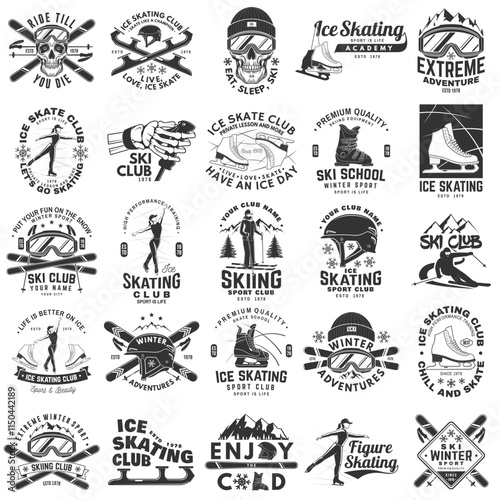 Set of ski and Ice Skate retro badge. Vector. Concept for shirt, print, seal or stamp with skate, skates blades, ski glasses, skull, skeleton hand holding ski pole. Winter sport.