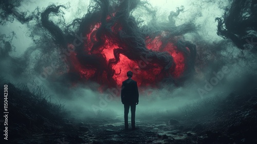 A man stands in front of a giant red monster