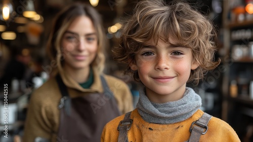 A smiling child and an adult in a cozy café setting, showcasing warmth and connection.