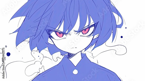 Angry Anime Character Illustration with Blue Hair and Red Eyes, Sketch Style Background