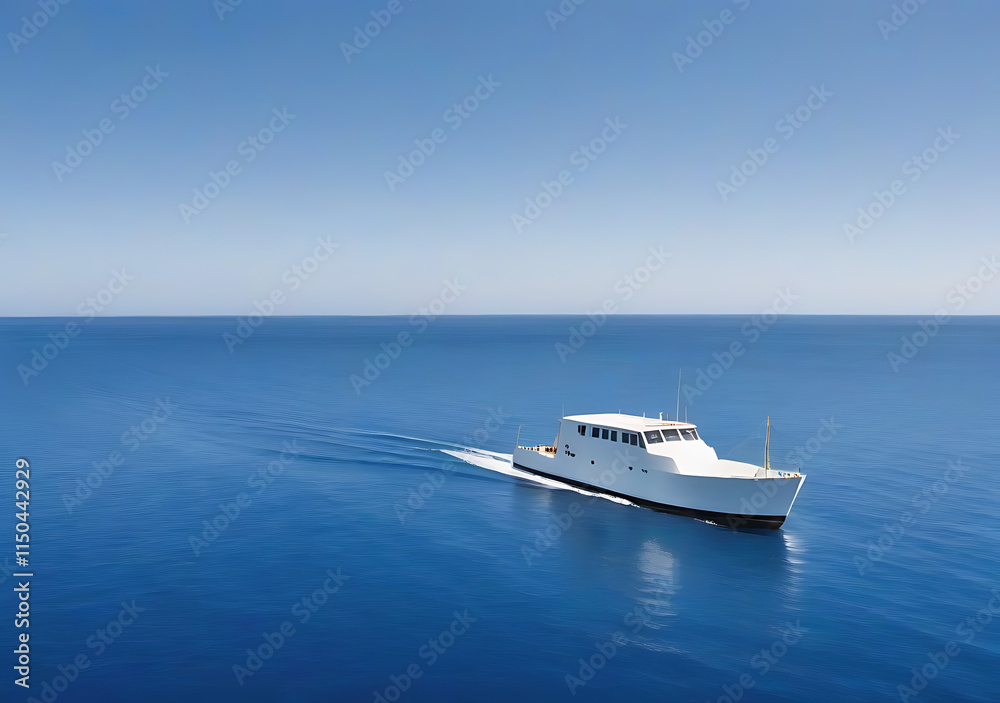 Naklejka premium A White Boat Floats Gently On A Vast Blue Ocean Surface.