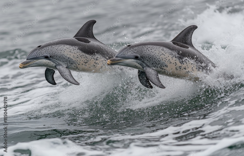 Obraz premium Dolphins gracefully leaping over ocean waves in a lively display of agility and playfulness