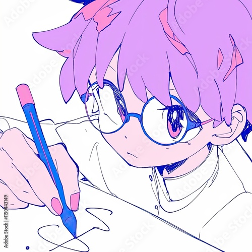 Anime girl with glasses draws on paper using a pencil in a pastel color scheme illustration