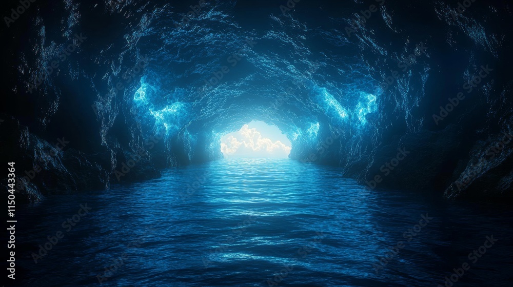 A blue cave with a river running through it A blue cave with a river running through it