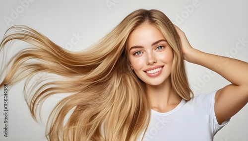 Beautiful blond woman smiling at the camera in headshot on white background, insanely detailed portrait of a beautiful girl. Young female with perfect smile and cheerful expression. generative AI.