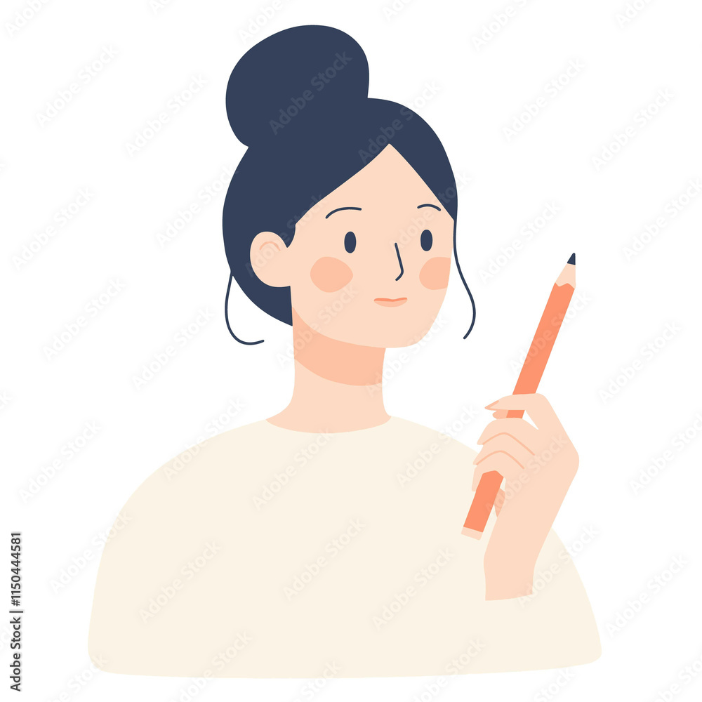 simple woman Holding a pencil ready to write a question flar vector simple woman Holding a pencil ready to write a question flar vector