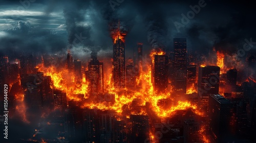A city engulfed in flames and smoke, depicting destruction and chaos.