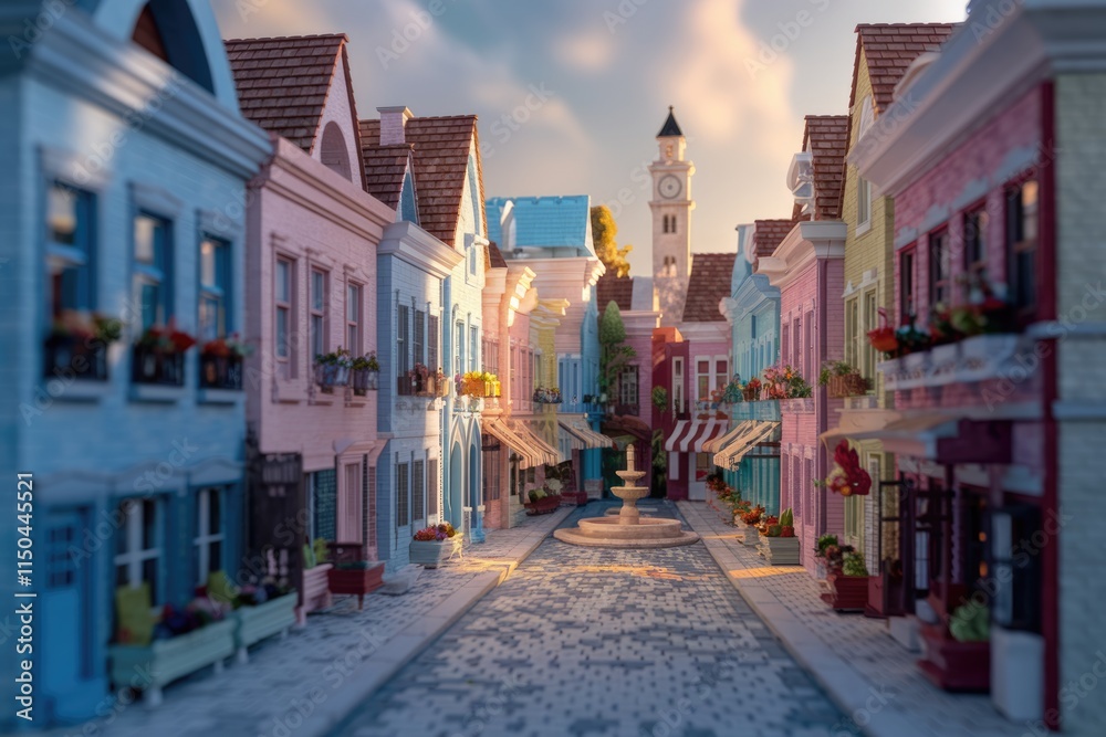 Obraz premium A miniature European town square at sunset, showcasing pastel-colored buildings, flower boxes, and a central fountain.