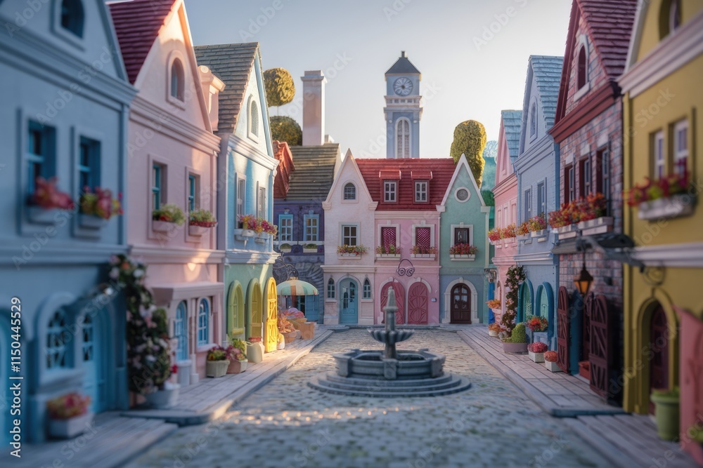 Obraz premium A charming miniature town square with pastel-colored houses, a fountain, and a clock tower under a clear sky.