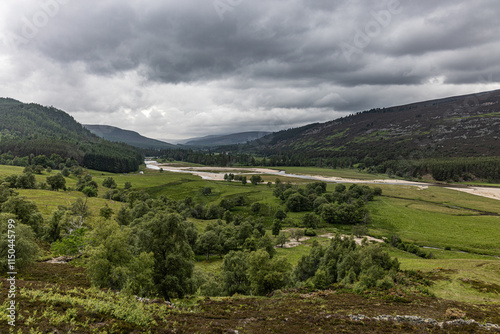 River Dee view looking towards Victoria Bridge, Braemar, Cairngorm National Park, Royal Deeside, Scotland