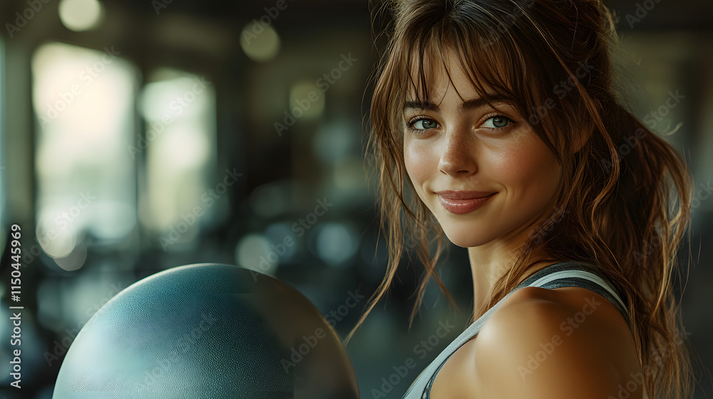 Naklejka premium smiling woman holding fitness ball in gym setting