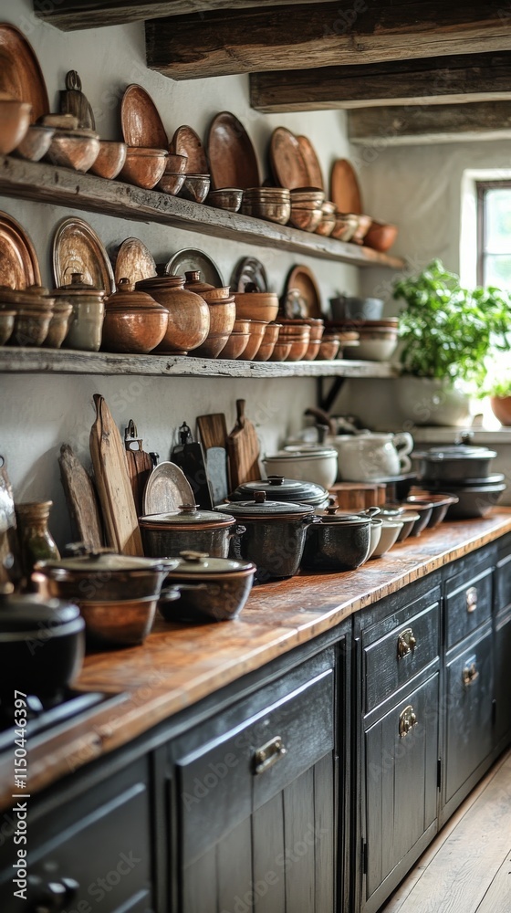Collection of handcrafted bowls on rustic wooden shelves in a cozy kitchen setting