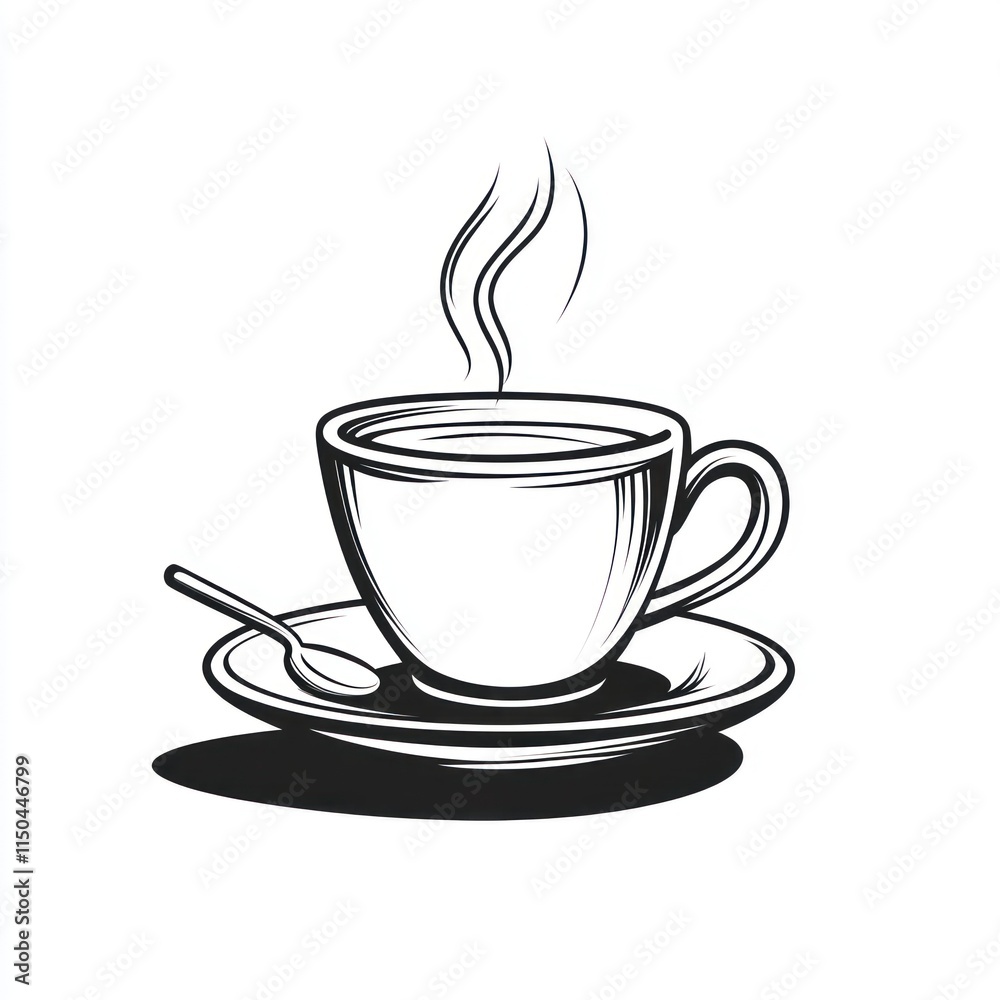 Obraz premium A steaming cup of coffee sits on a saucer with a spoon