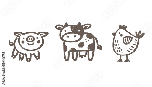 Hand drawn farm animals: pig, cow, and chicken in minimalistic style photo