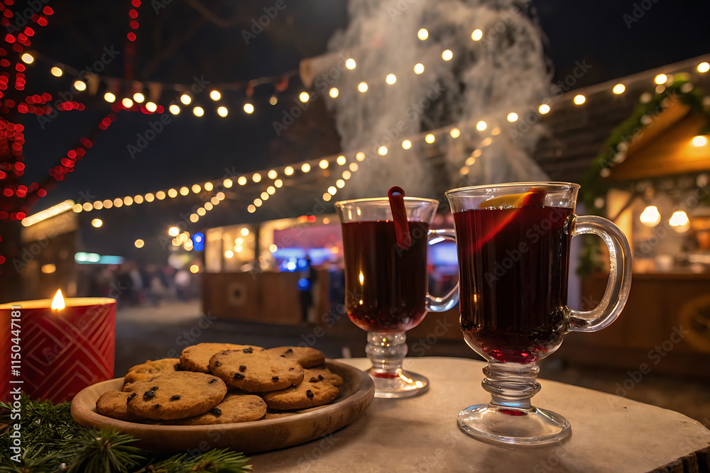 Obraz premium Two glasses of hot mulled spicy wine with cookies at a Christmas market illuminated at night 