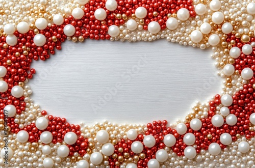 Festive holiday decoration featuring red and white ornaments on wooden background