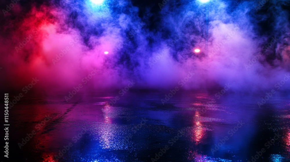 Wet asphalt, reflection of neon lights, a searchlight, smoke. Abstract light in a dark empty street with smoke Wet asphalt, reflection of neon lights, a searchlight, smoke. Abstract light in a dark empty street with smoke