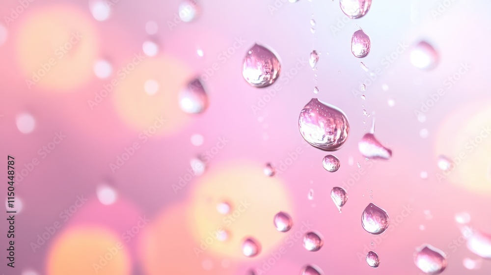 Close-up of pink water droplets suspended in midair with soft glowing bokeh lights in the background Close-up of pink water droplets suspended in midair with soft glowing bokeh lights in the background