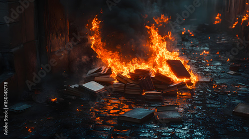 A pile of burning books emitting vibrant orange flames and curling black smoke in a shadowy alley. photo