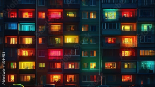 A tall apartment building at night. Many windows are brightly lit in different colors.