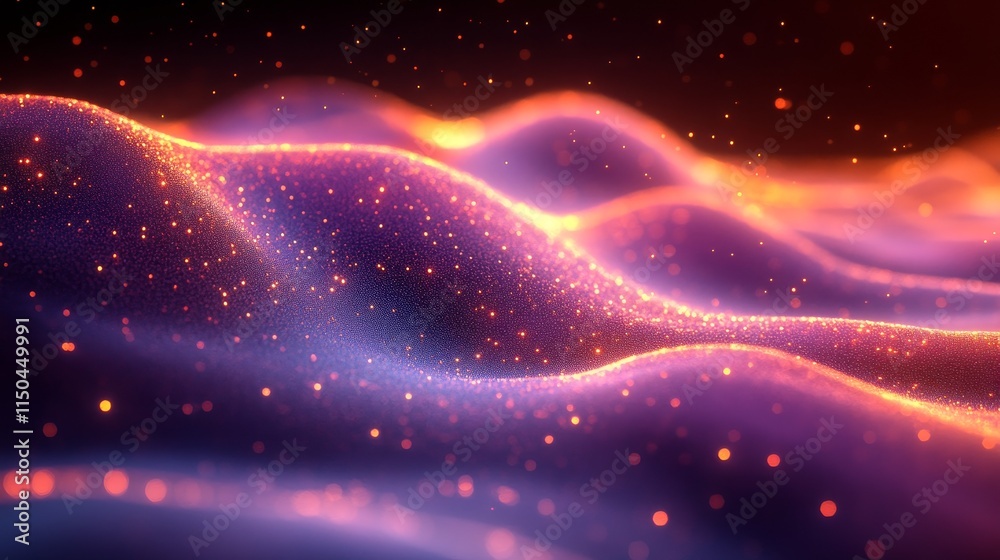 Obraz premium Colorful Abstract Waves Illuminated by Glowing Particles in a Dark Space, Creating a Mesmerizing Visual Effect for Digital Art Lovers and Designers